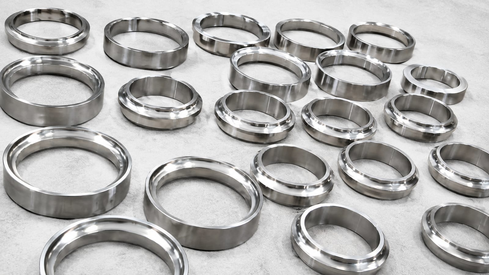 Machined mud motor bearing stack rings laid out after manufacture